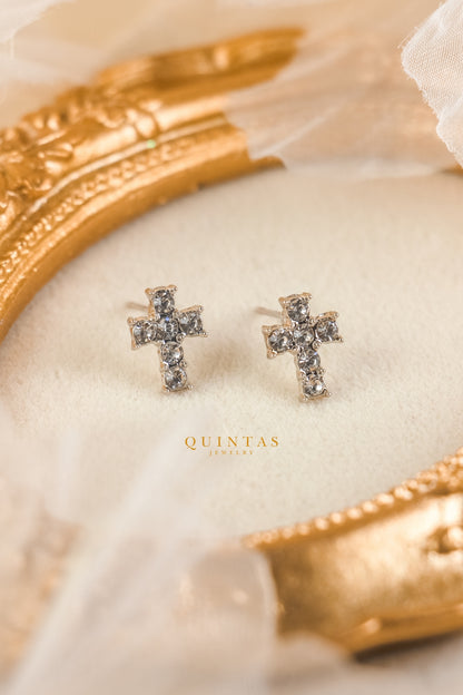 Iced Cross Silver Stud Earrings