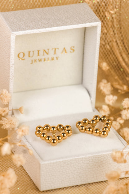 Golden Beaded Heart Stud Earrings