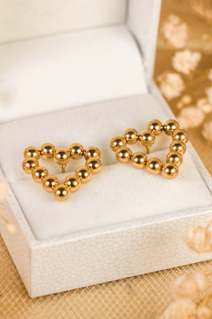 Golden Beaded Heart Stud Earrings