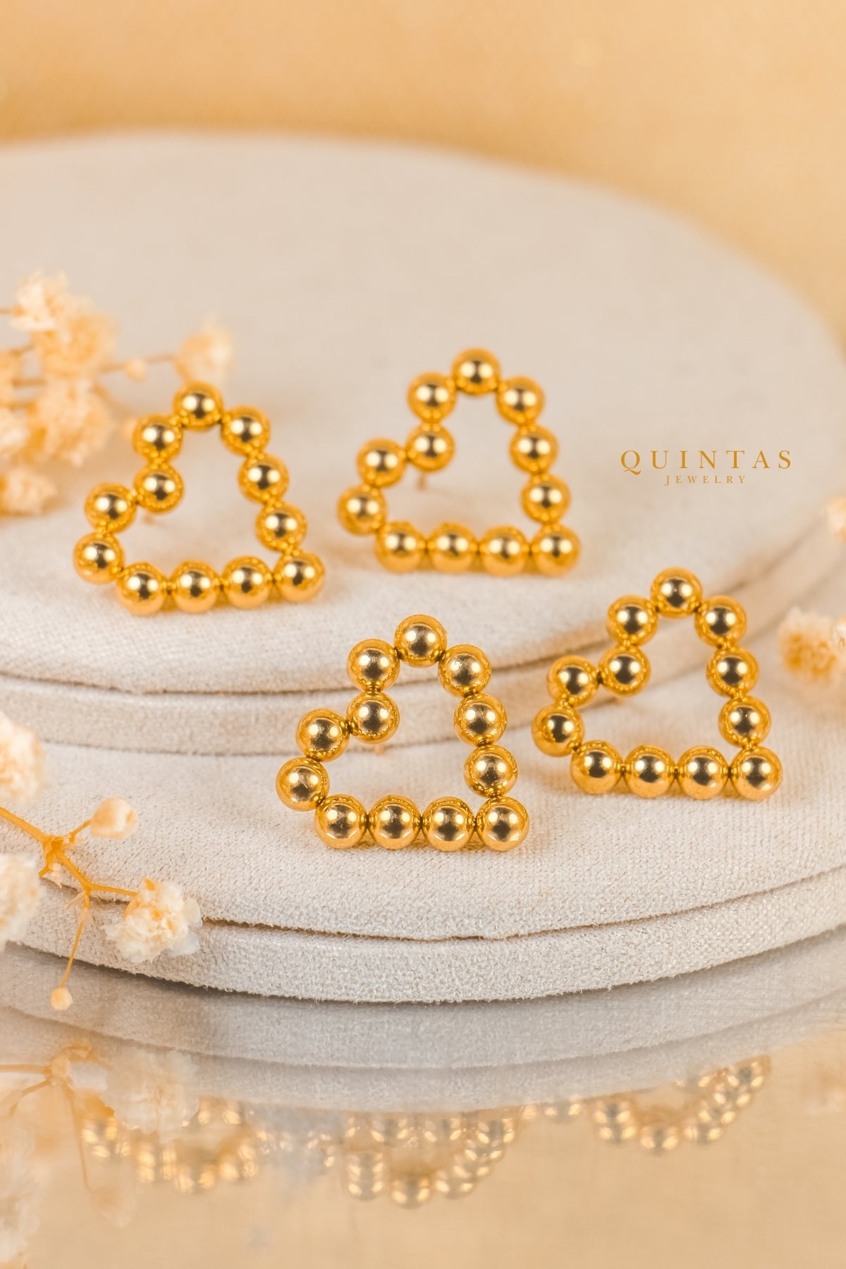 Golden Beaded Heart Stud Earrings