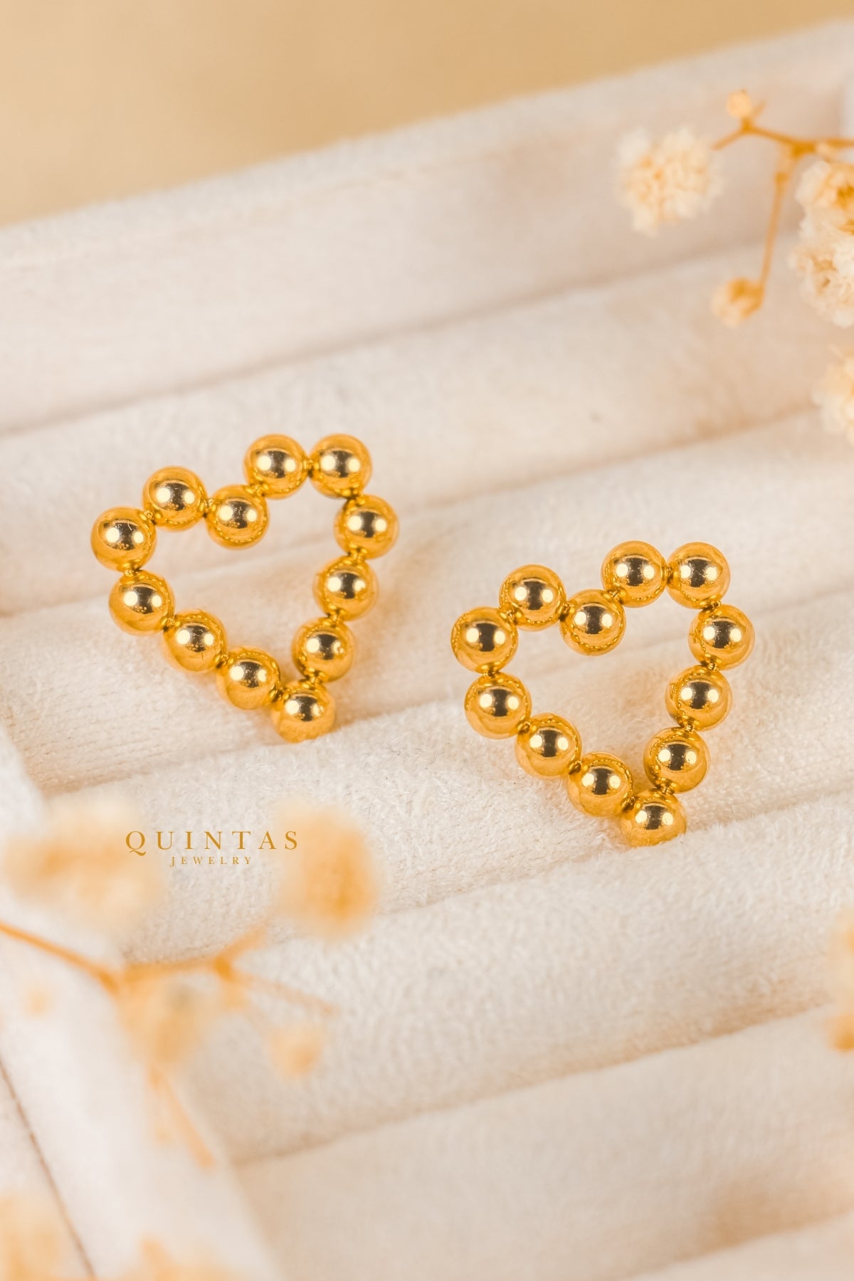 Golden Beaded Heart Stud Earrings