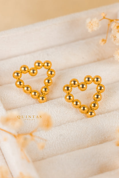 Golden Beaded Heart Stud Earrings