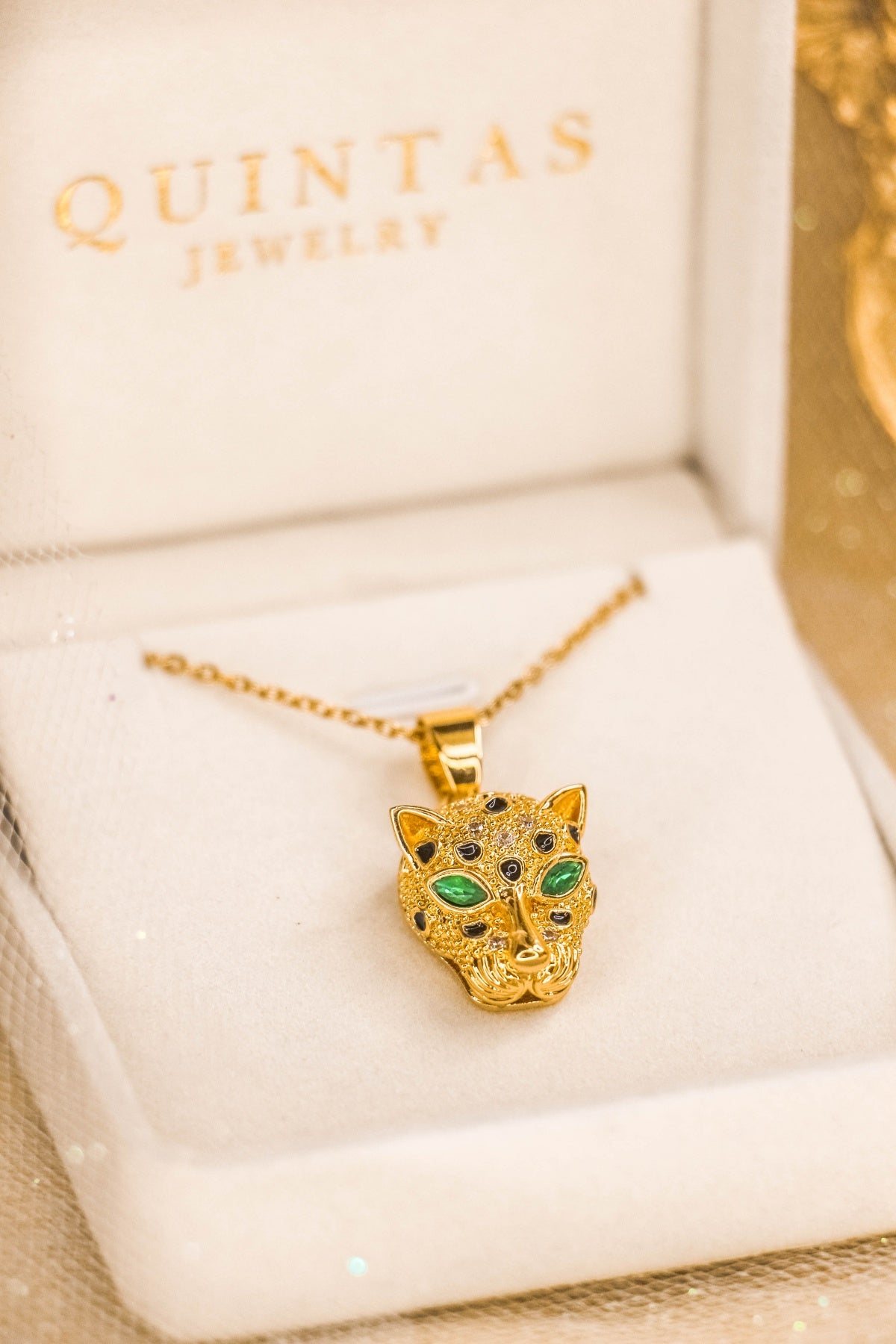 The Panther Necklace Green eyed Panther 18 Gold Cable Chain Standard